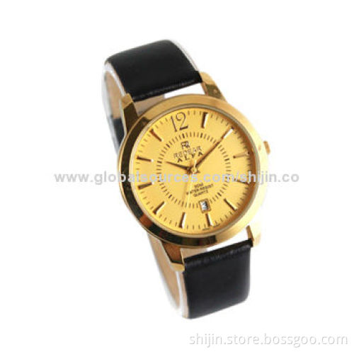 Stainless Steel Watch with Genuine Leather Band and Golden Dial, Date